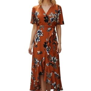Monteau Women’s Maxi Dress Orange Rust Blue Floral Faux Wrap Size Large